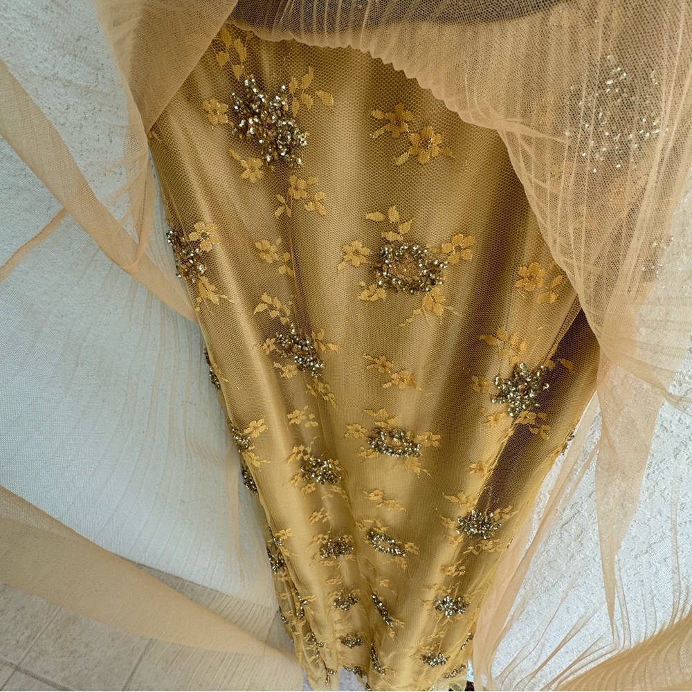 Gatti nolli S silk glitter floral beaded dirty gold ball gown dress Designer - Picture 8 of 16